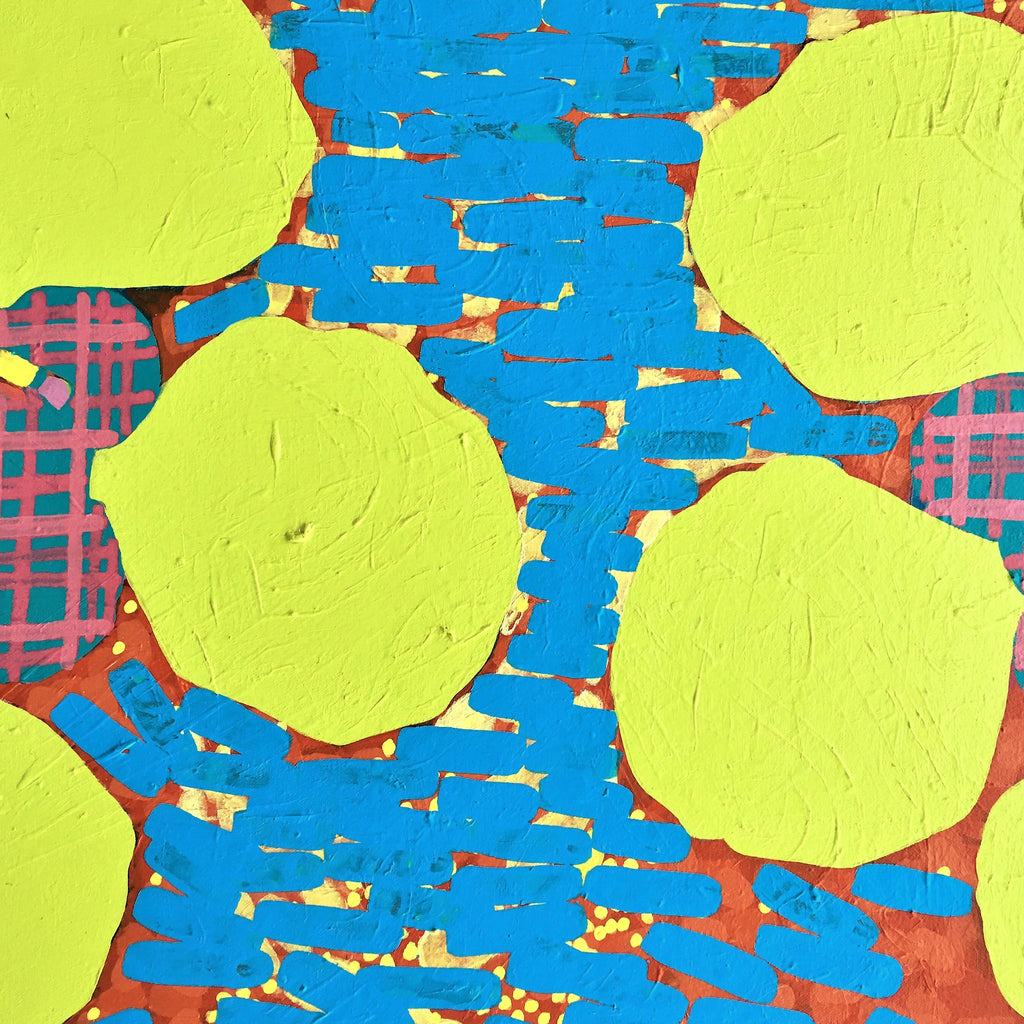 Composition No. 76 by Raul Ortiz features bold geometric abstraction with vibrant neon yellow circles against a striking azure blue background. Textured acrylic strokes create depth, while red crosshatch patterns peek through, forming a dynamic 24x30 inch contemporary canvas composition with rich layering and contrasting colors.