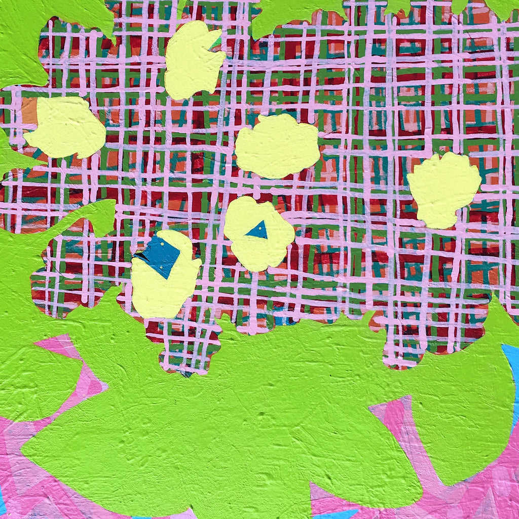 Composition No. 85 by Raul Ortiz features a vibrant abstract design with intersecting pink and white grid lines against a lime green background. Yellow organic shapes float across the gridded pattern, complemented by small blue geometric accents. The acrylic on canvas artwork showcases a playful contrast between structured patterns and free-flowing forms. 24x30 inches by Raul Ortiz.