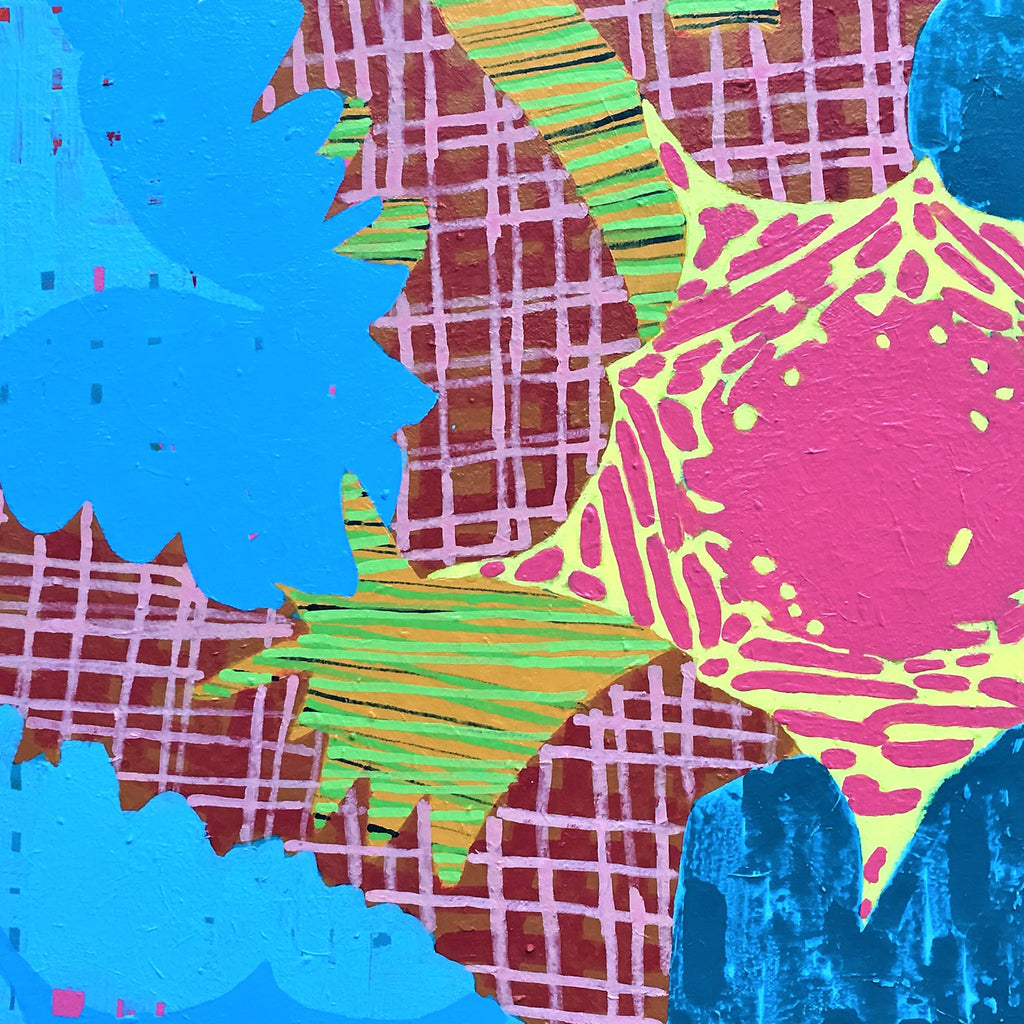 The artwork 'Composition No. 95' by Raul Ortiz features vibrant abstract shapes with bright blue organic forms contrasting against a crosshatched burgundy background. A striking pink circular burst with yellow radiating lines intersects with diagonal green striped elements, creating a dynamic modern composition in acrylic on canvas, sized 24x30 inches.