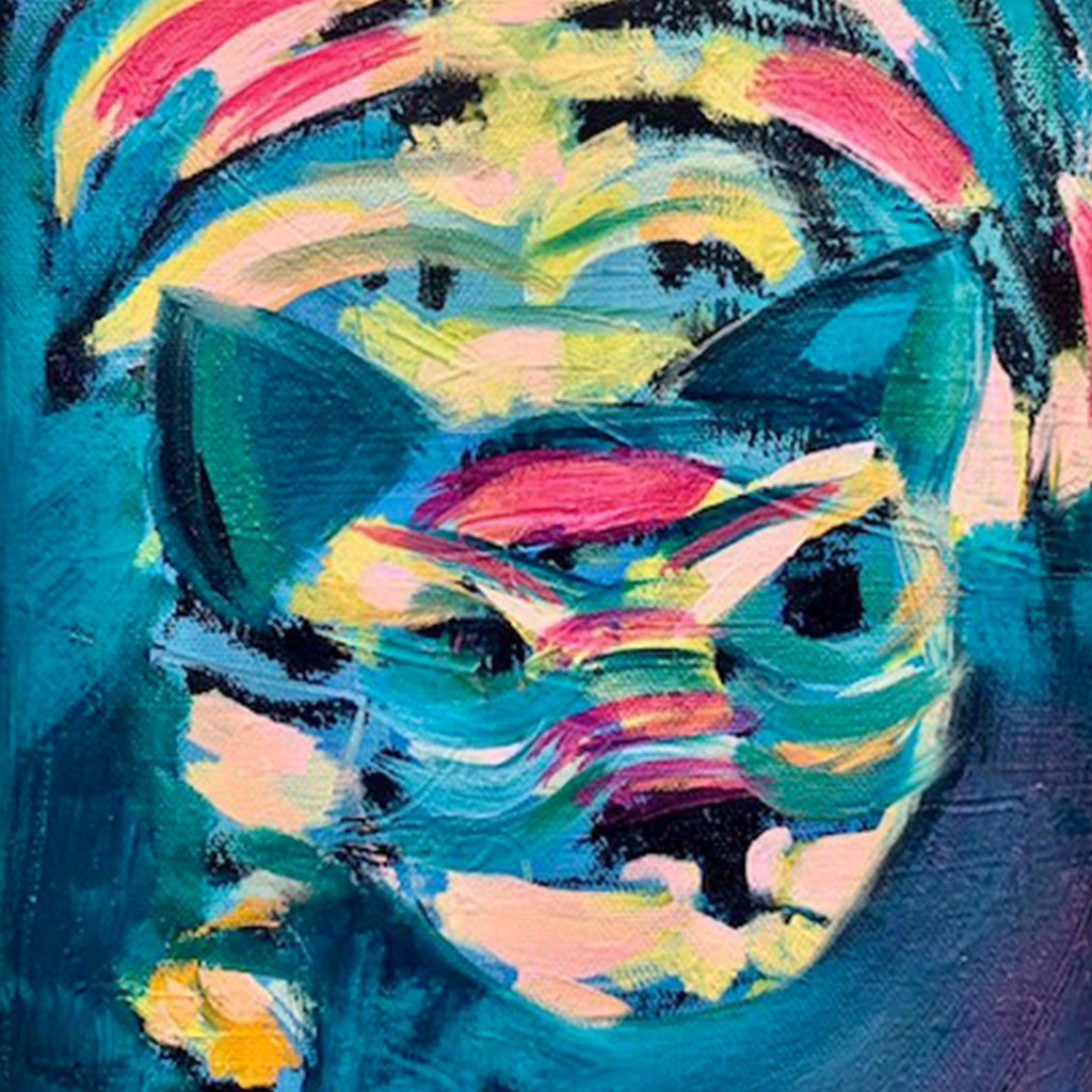 The artwork 'Crouching Umma' by Jane Lawrence features vibrant brushstrokes in teal, pink, and yellow creating an abstract portrait against a deep turquoise background. The oil painting showcases dynamic swirling patterns and expressive brush movements, creating a contemporary artistic interpretation on 10x8 inch canvas. By Jane Lawrence.