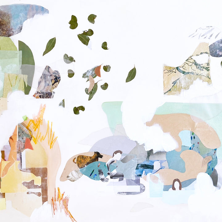 The artwork 'December Summer (AUSTRALIA)' by Linden Eller features a delicate mixed media composition on canvas with abstract floating elements in soft pastels. Gentle washes of mint green, sky blue, and peach blend with scattered olive-green leaf forms. Fragmented collage pieces create a dreamy, ethereal landscape suggestive of Australian summer flora and atmosphere. Mixed media on canvas, 36x48 inches. By Linden Eller.