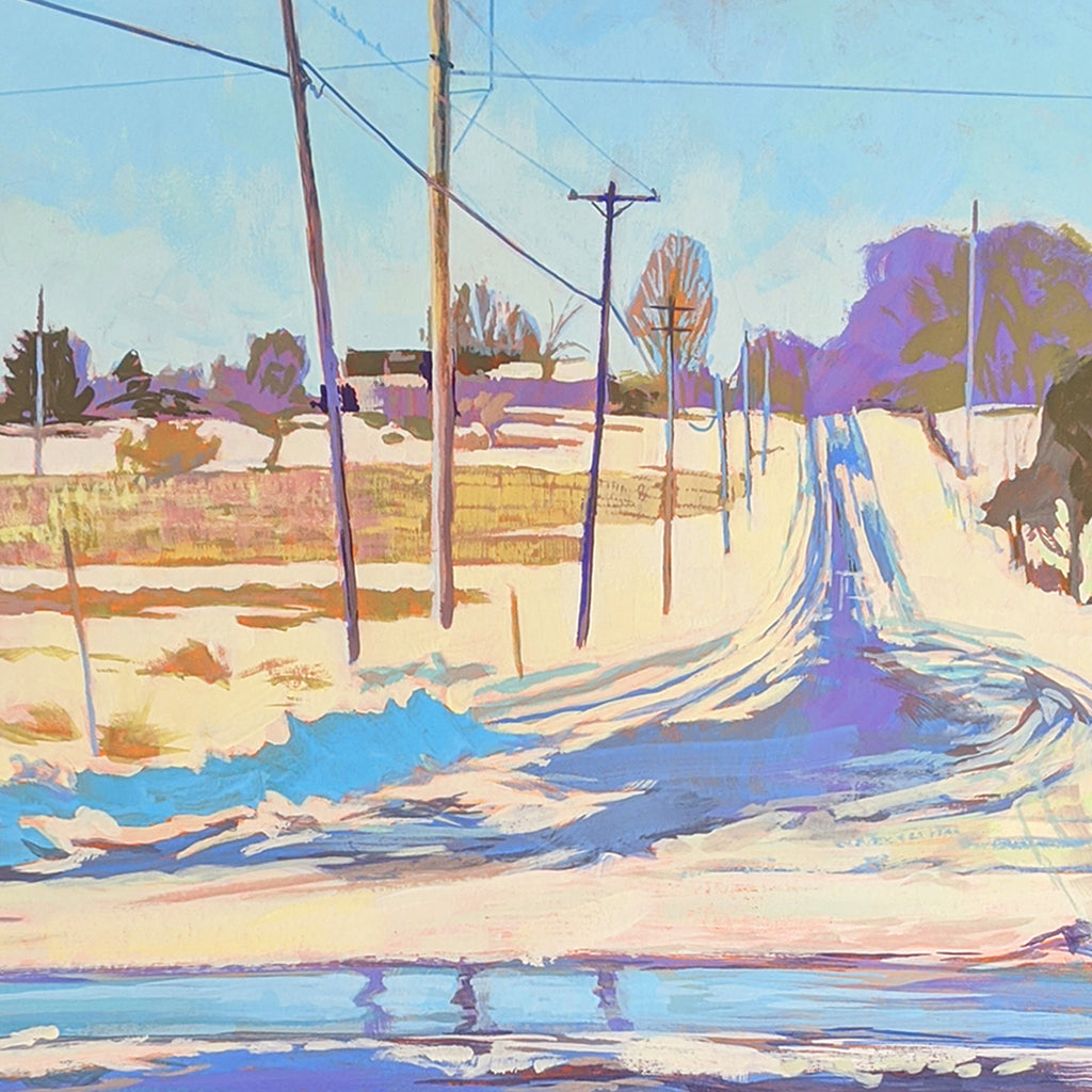 The artwork 'E. Lakeview Hill Rd' by Justin Shull depicts a winter landscape with utility poles lining a curved snowy road. Soft pastel colors of lavender, blue, and peach blend in the sky, while casting purple-blue shadows across the snow-covered ground. The scene captures a serene suburban vista rendered in acrylic gouache with expressive brushstrokes. By Justin Shull.