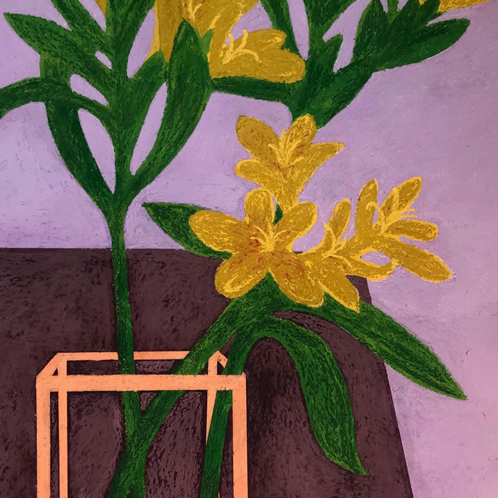 The artwork 'Edwin's Flowers' by Angela A'Court features vibrant yellow blooms with emerald green leaves, set against a soft lavender background. The flowers emerge from a minimalist coral-colored geometric vase, rendered in soft pastel on paper with delicate textures and bold botanical forms creating a modern still life composition. By Angela A'Court.