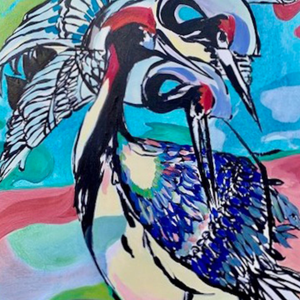 The artwork 'Feathered' features a vibrant abstract bird rendered in bold strokes, showcasing a striking blue plumage and distinctive white wing details against a dynamic background of turquoise, pink, and green swirls. The contemporary oil painting captures the bird's elegant posture with expressive brushwork and contrasting colors. 40x26 inches oil on canvas by Jane Lawrence.