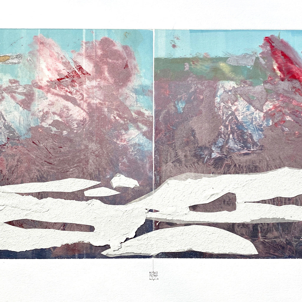 The artwork 'Glacier' by Karin Bruckner features an abstract mountainous landscape rendered in soft turquoise, pink, and crimson hues. The monotype depicts white, snow-covered terrain in the foreground against a textured, atmospheric background. Mixed media elements create depth and movement across the composition, reflecting the raw beauty of glacial formations.