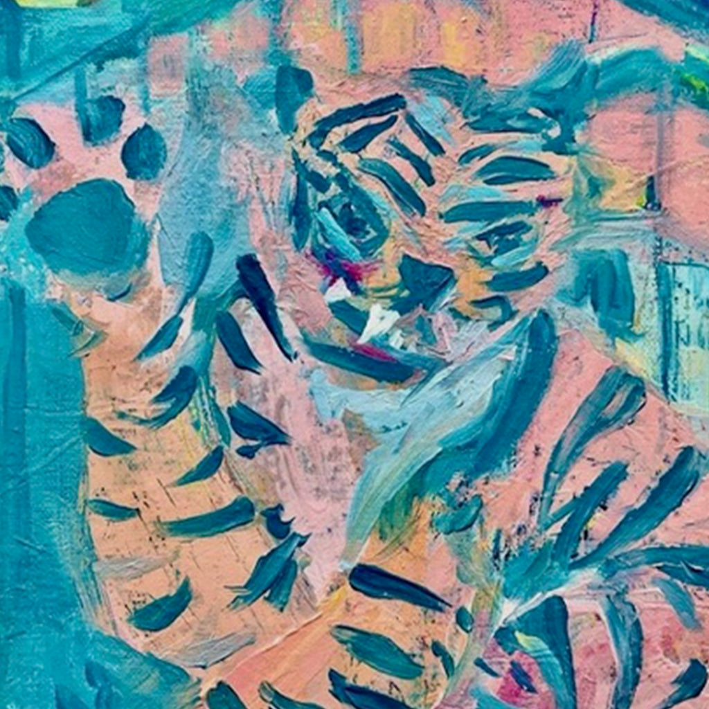 The artwork 'Hi5' by Jane Lawrence features vibrant abstract brushstrokes in turquoise and coral pink, creating a dynamic pattern reminiscent of tropical foliage or organic forms. The oil painting, set in a natural wood frame, showcases expressive layered techniques with bold swirling motions, blending cool and warm tones in a contemporary style.