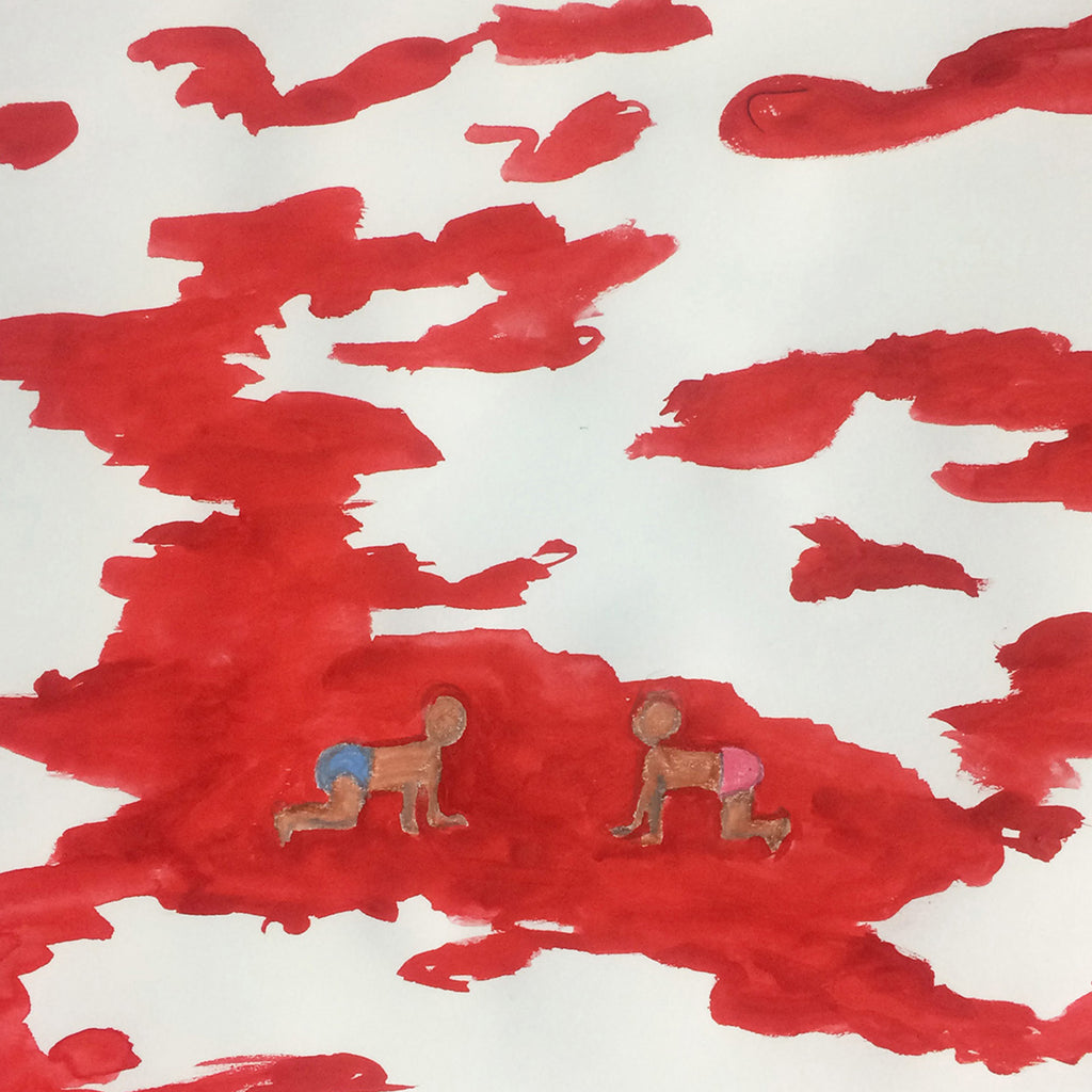 The artwork 'The End...is the beginning (the aftermath)' features abstract figures on a vivid red landscape against a white background. Bold gouache brushstrokes create dramatic cloud-like formations. The composition combines delicate colored pencil and graphite details with expressive watercolor techniques, creating a striking contemporary piece by Jodie Lyn-Kee-Chow.