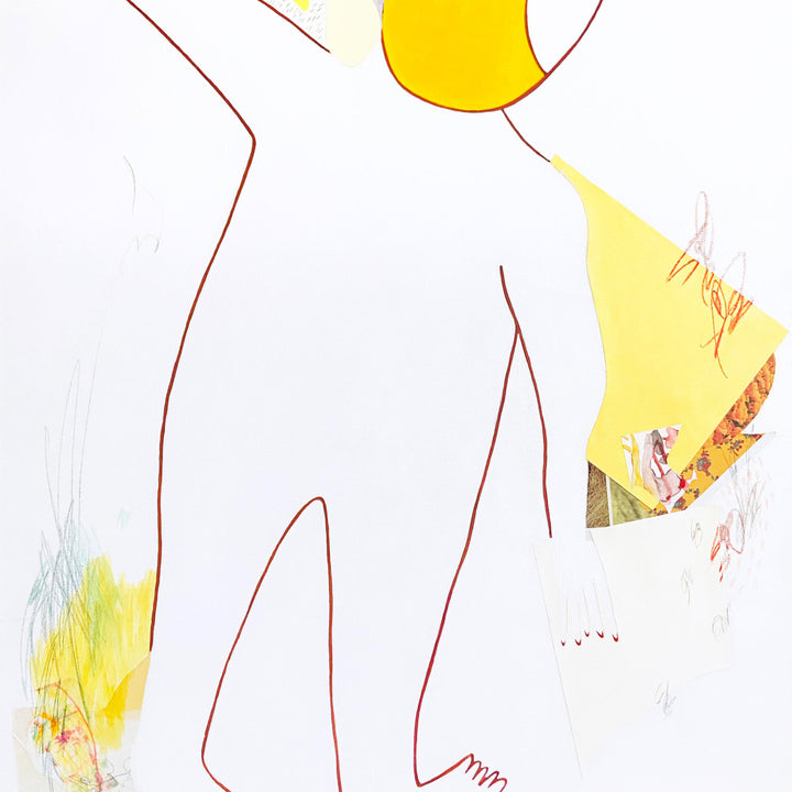 The artwork 'Let Bright Happen' by Linden Eller features a minimalist composition with delicate red linear outlines against a pristine white background. Splashes of vibrant yellow and subtle collage elements add dynamic contrast to the piece. The mixed media on canvas artwork, measuring 40x30 inches, combines abstract forms with intentional negative space, creating a light and airy aesthetic.