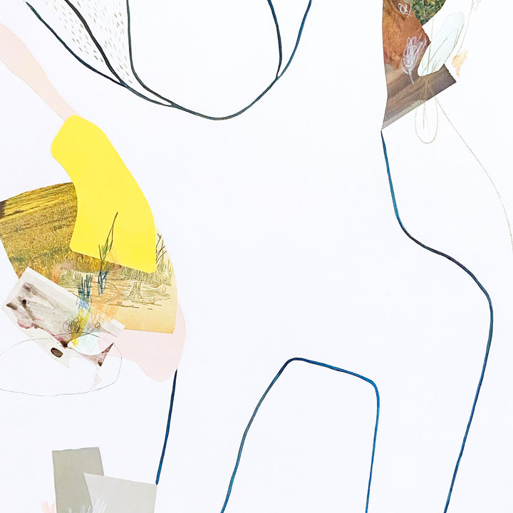 The artwork 'Let Falling Happen' by Linden Eller features minimalist mixed media composition on canvas with flowing blue linear elements, abstract geometric shapes in yellow and blush pink, and subtle textural collage elements. The piece combines clean white negative space with delicate brushwork and paper elements in a 40x30 inch format.