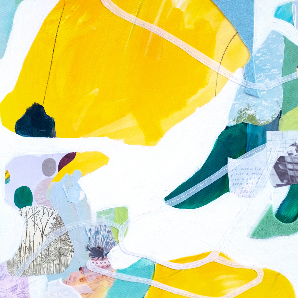 Maine Summer by Linden Eller: Abstract mixed media artwork featuring dynamic composition with vibrant yellow and teal shapes against white background. Collage elements include delicate tree illustrations and handwritten text, creating layers of texture and depth through paper cutouts and painted elements on canvas, 24x18 inches.