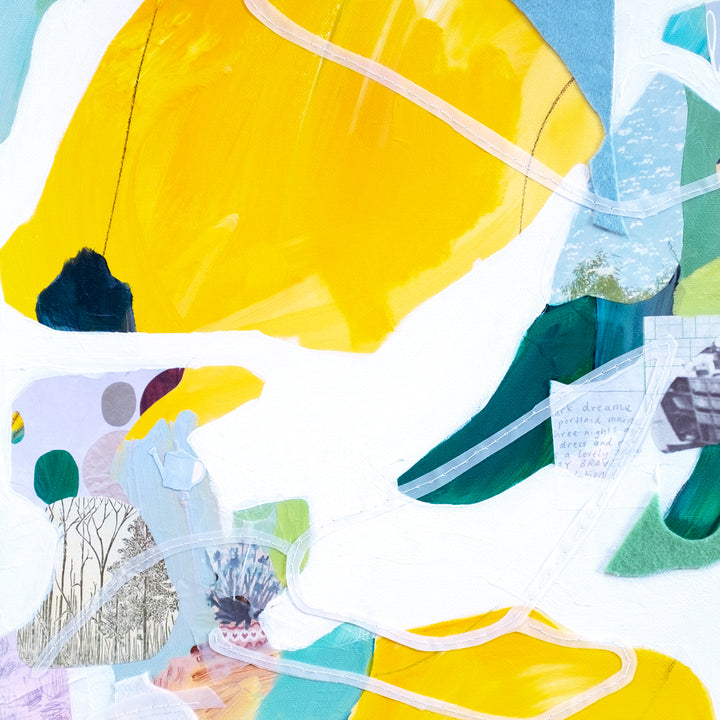 Maine Summer by Linden Eller: Abstract mixed media artwork featuring dynamic composition with vibrant yellow and teal shapes against white background. Collage elements include delicate tree illustrations and handwritten text, creating layers of texture and depth through paper cutouts and painted elements on canvas, 24x18 inches.