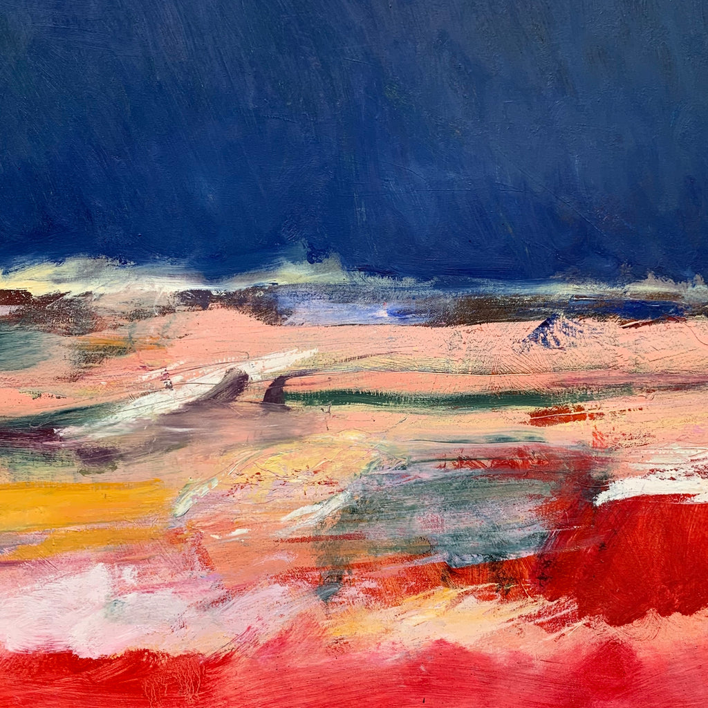 The artwork 'Maine' by Kevin McGoff features a vibrant abstract landscape rendered in oil on canvas, showcasing bold horizontal bands of deep navy blue skies over coral pink and crimson terrain. Dynamic brushstrokes create textural layers, while contrasting yellow and white accents suggest a dramatic coastal scene captured in an expressionist style.