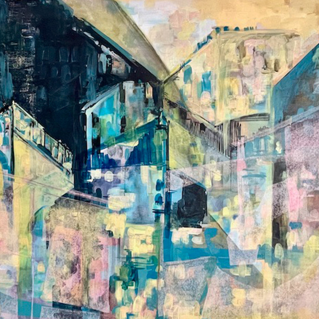 The artwork 'March Ninth' features an abstract urban landscape rendered in vibrant turquoise, yellow, and pink hues. Bold geometric shapes suggest architectural elements, with angular lines creating depth and perspective. The oil painting combines textural brushstrokes and layered colors, evoking a modern cityscape bathed in morning light. Art by Jane Lawrence.