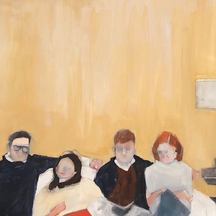 The artwork 'Mid-Century Modern Friends' by Ruth Shively depicts figures seated together against a warm ochre background, rendered in oil on linen with minimalist brush strokes. The composition features contrasting dark and light clothing, creating a balanced arrangement in a contemporary style, measuring 18x18 inches.