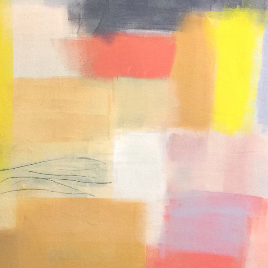 The artwork 'Mid Century 1' by Ellen Hermanos features abstract color blocks in soft pastels and vibrant hues. The composition displays warm beige, coral pink, bright yellow, and subtle grey sections, with delicate pencil lines creating movement across the canvas. The 28x26 inch acrylic painting embodies a modernist aesthetic with its geometric forms and ethereal color transitions.