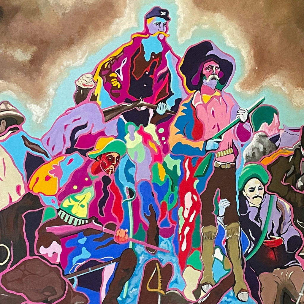 The artwork 'Last Stand' features vibrant figures rendered in psychedelic colors against a sepia-toned background. The composition showcases dynamic silhouettes in swirling hues of blue, pink, purple, and green, creating a bold contrast. The acrylic painting exhibits a pop art style with fluid, cartoon-like forms and expressive linework on a 38x38 inch canvas by Ellannah Sadkin.