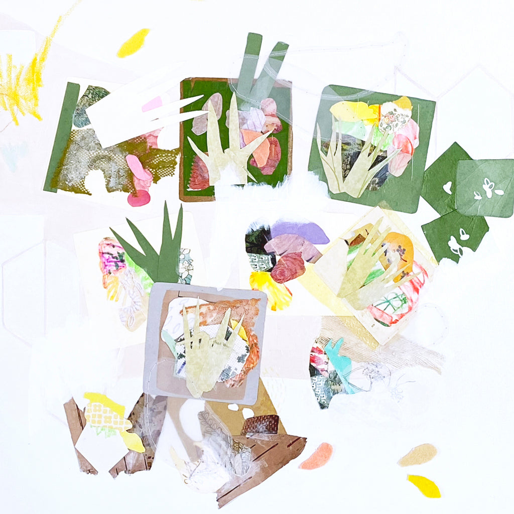 The artwork 'Offerings (INDONESIA)' by Linden Eller features a delicate mixed media collage on canvas with fragmented geometric shapes in soft greens, yellows, and pinks. Abstract botanical forms and paper cutouts create a light, airy composition with layered textures and translucent elements, measuring 24x24 inches.