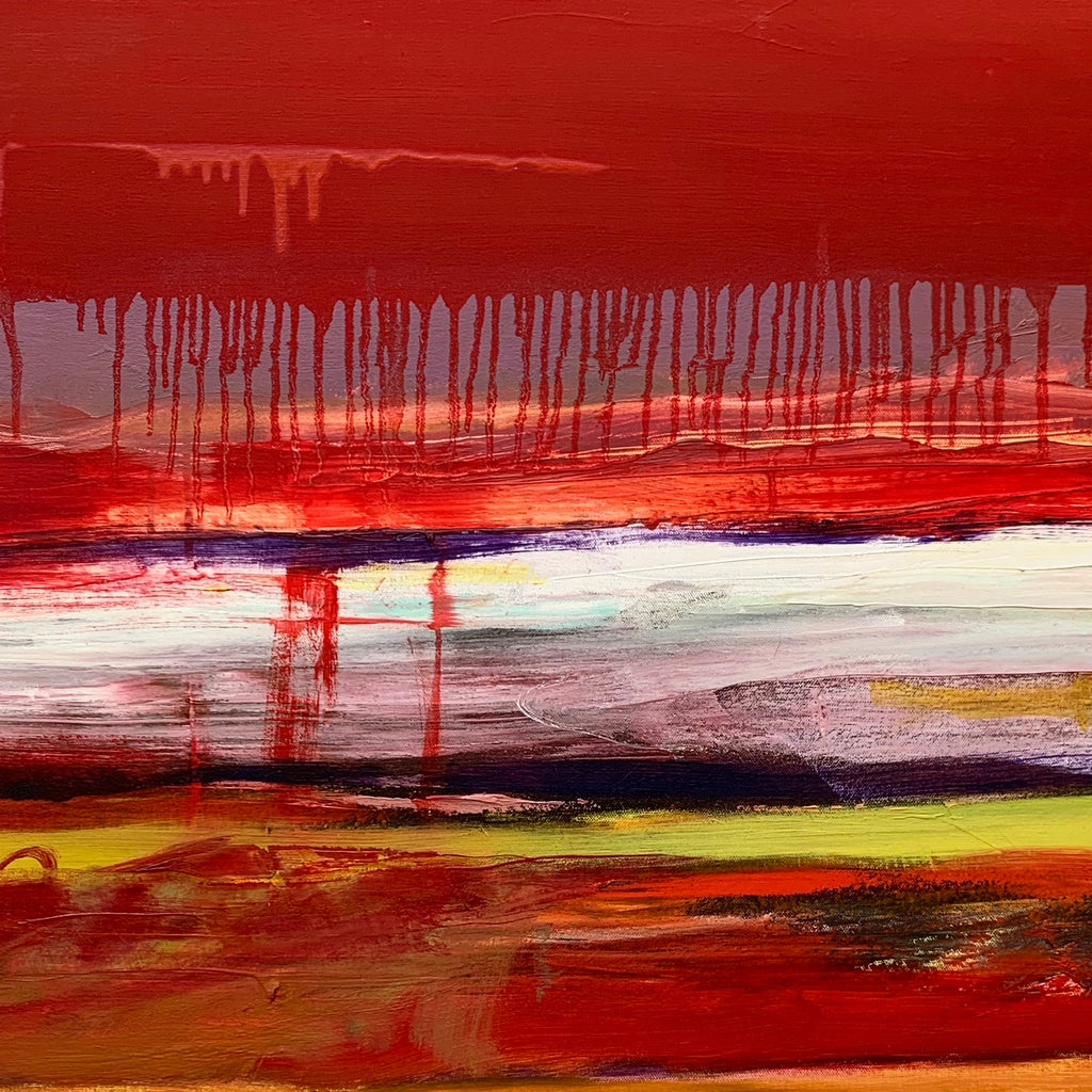 The artwork 'Oil Field' by Kevin McGoff features dramatic layers of deep crimson and burgundy drips cascading down the canvas, intersecting with horizontal bands of white and golden ochre. The abstract landscape composition suggests a fiery sunset with rich textural elements created through bold brushstrokes and paint dripping techniques, rendered in oil on canvas.