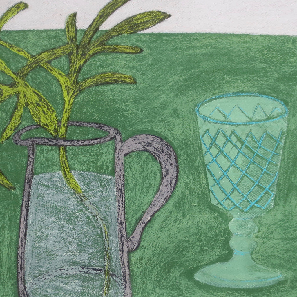 The artwork 'One Peony' by Angela A'Court depicts a soft pastel drawing featuring a green botanical stem in a gray ceramic pitcher alongside a decorative turquoise glass goblet with diamond pattern, set against a rich emerald green background, rendered in textural strokes on paper, framed, 18.5 x 25 inches. By Angela A'Court.
