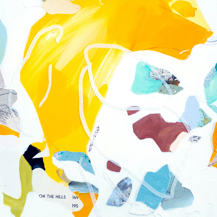 The artwork 'On the Hills' by Linden Eller features dynamic abstract shapes in vibrant yellow, turquoise, and burgundy hues against a white canvas. Mixed media composition creates layered textures with fluid, organic forms suggesting a landscape perspective. The 20x20 inch canvas showcases sweeping brushstrokes and collage elements in a contemporary abstract style.