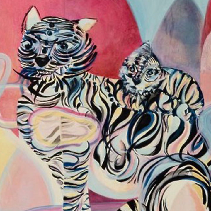 The artwork 'Party of Three' features whimsical abstract cats rendered in swirling black and white stripes against a vibrant pink and blue background. The oil painting showcases fluid, curvilinear brushstrokes creating a dynamic, modern interpretation of feline forms with distinctive artistic patterns. 48x36 inches oil on canvas by Jane Lawrence.