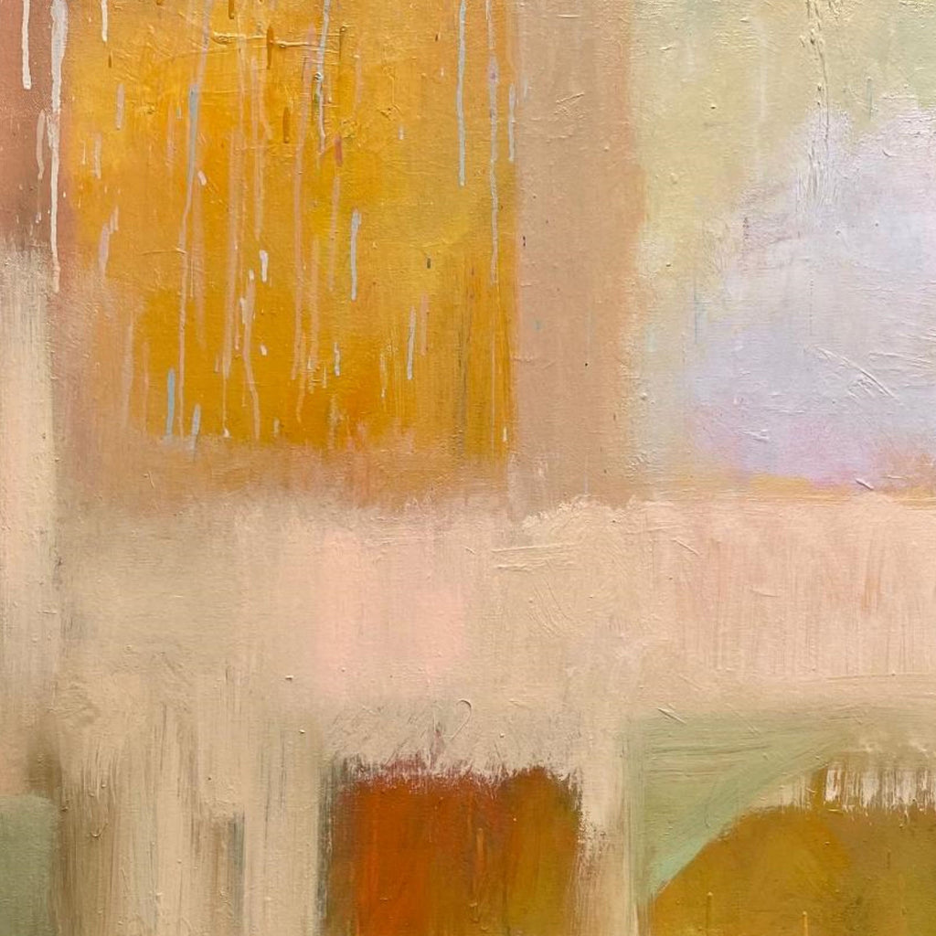 The artwork 'Passing Through' by Kevin McGoff features an abstract composition with warm golden yellows transitioning into soft peach and mint green tones. Vertical brushstrokes create a rain-like texture in the upper portion, while horizontal blocks of muted earth tones anchor the lower section. The oil painting's textural elements and layered colors suggest a dreamlike, atmospheric landscape. By Kevin McGoff.