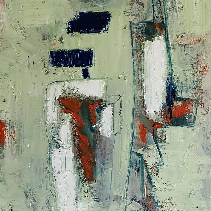 The artwork 'Heroin Honeymoon' by Petra Nimtz features an abstract composition with geometric forms in sage green, deep navy, and striking coral red. Bold brushstrokes create angular shapes against a muted background, suggesting architectural elements through textured oil paint on linen. The interplay of vertical forms and contrasting colors creates a dynamic, modernist aesthetic.