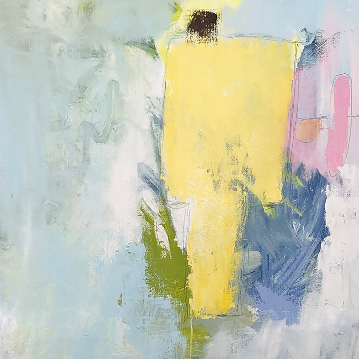 The artwork 'I Never Said It Would Be Easy #2' by Petra Nimtz features an abstract composition with a prominent vertical yellow block against a soft blue-grey background. Bold brushstrokes in olive green and periwinkle blue create dynamic movement, while pastel pink accents add depth. The oil on linen painting showcases textural elements and ethereal color transitions.