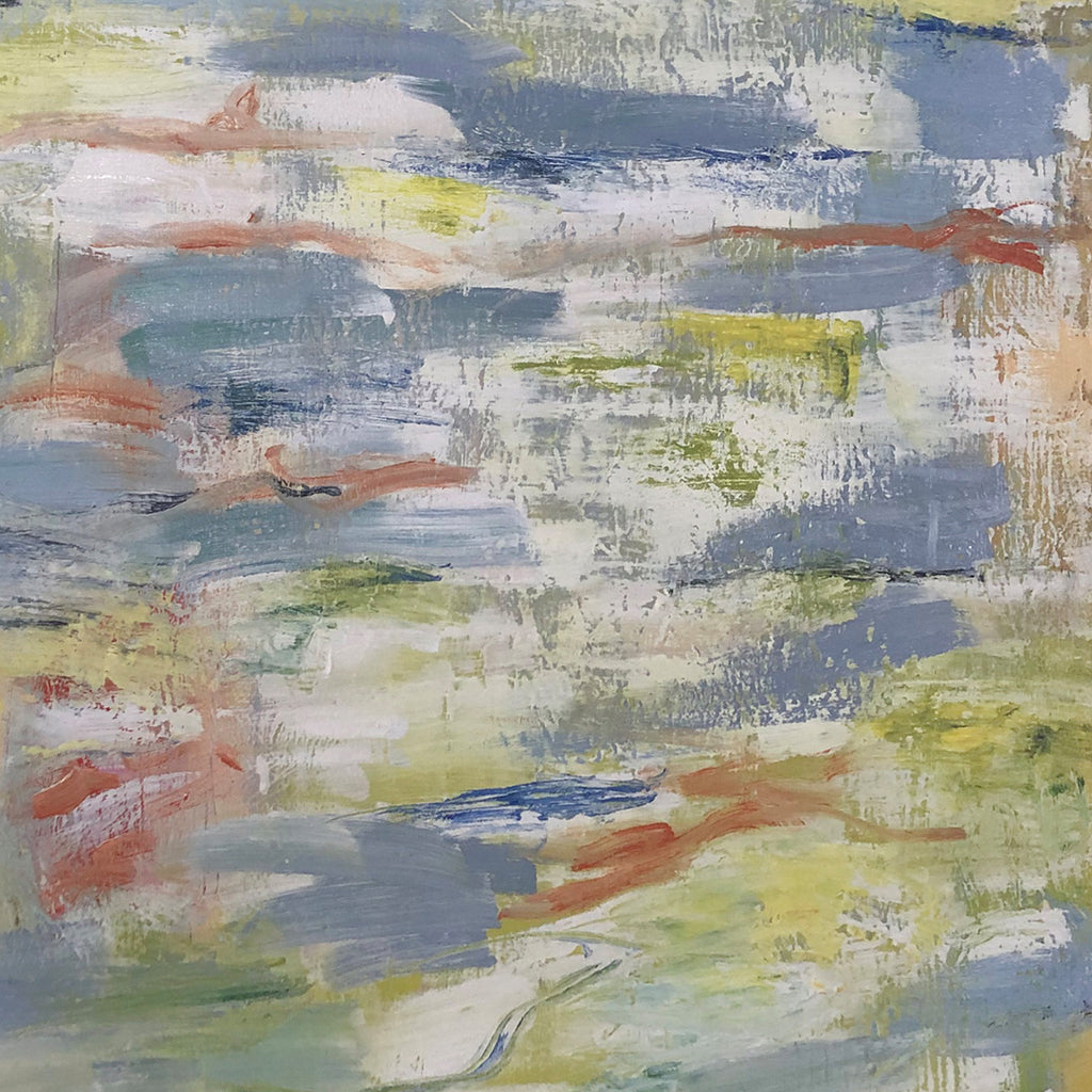 The artwork 'Nothing Really Matters, Love Is All' by Petra Nimtz features abstract brushstrokes in soft pastels, combining muted blues, yellows, and coral pink hues. The oil on linen painting creates a dreamy, atmospheric effect with layered textures and ethereal movement, suggesting a misty landscape or emotional dreamscape. The technique shows visible brushwork and impasto effects across the 49x45 inch canvas.