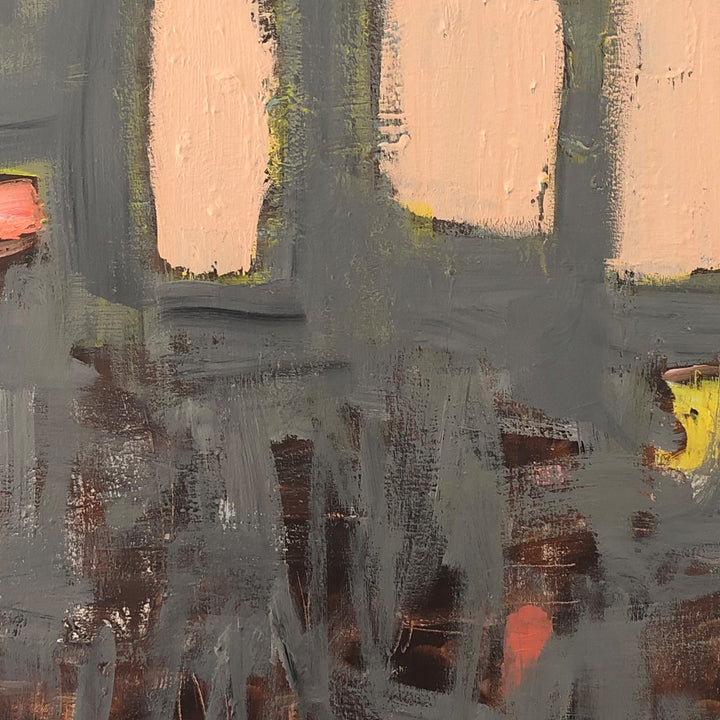 The artwork 'Playing Hide And Seek' features abstract vertical forms in peachy pink against a moody gray background, with subtle pops of yellow and coral accents. The oil on linen painting showcases textural brushstrokes and a contemporary expressionist style, creating a sense of movement and depth through contrasting light and dark elements. By Petra Nimtz.
