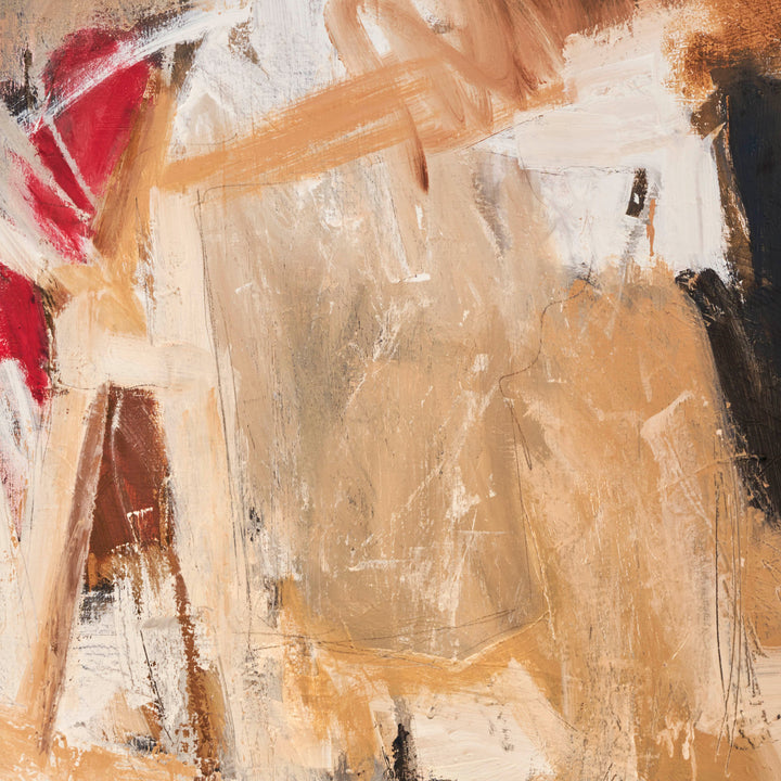 The artwork 'The Night Is My Companion and Solitude My Guide' by Petra Nimtz features abstract expressionist brushstrokes in warm beige and peach tones, contrasted with bold red and dark accents. Textured oil paint on linen creates dynamic movement through layered gestures and scratched surfaces, embodying a contemplative and moody atmosphere. - by Petra Nimtz