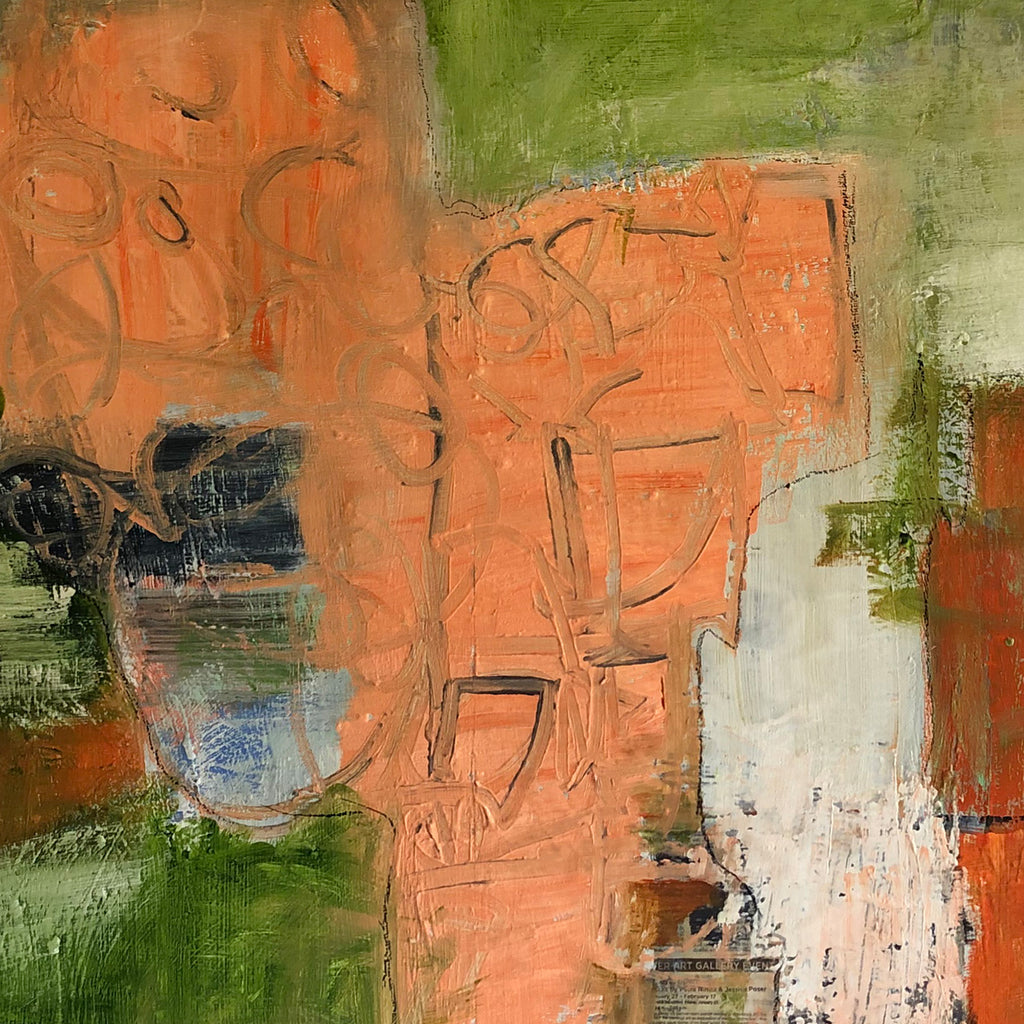 The artwork 'There's Something Fishy Around Here' by Petra Nimtz features an abstract composition with bold coral-orange forms against mossy green sections. The oil painting on linen showcases textural brushstrokes, scratched surfaces, and gestural marks. Dark navy accents and white highlights create depth, while rough textures suggest underwater movement and organic forms.