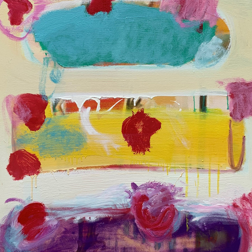The artwork 'Poppies' by Kevin McGoff features vibrant abstract expressionist composition with bold red poppy-like forms scattered across horizontal bands of turquoise, yellow, and purple. The oil painting showcases dynamic brushstrokes, dripping effects, and a playful interaction between warm and cool colors, creating a modern, energetic interpretation of a floral landscape on canvas.