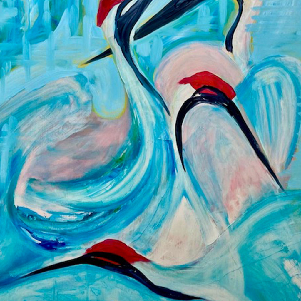 The artwork 'Quiet Down' by Jane Lawrence features an abstract composition of elegant crane-like forms in red, black, and white against a vibrant turquoise background. The oil painting on wood panel showcases flowing brushstrokes that create dynamic movement, with graceful curved lines suggesting the birds' long necks and beaks in a modern, expressionistic style. 40x30 inches. By Jane Lawrence.