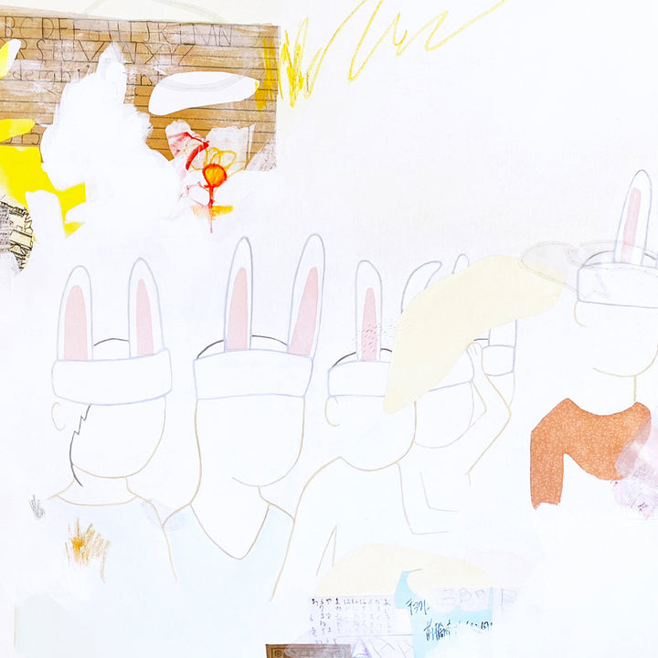 The artwork 'Rabbits (JAPAN)' by Linden Eller features minimalist white rabbit figures with pink ears arranged in a row against a light background. Abstract yellow and orange accents complement the composition, with delicate pencil marks and textural elements created through mixed media on canvas, measuring 36 x 48 inches.