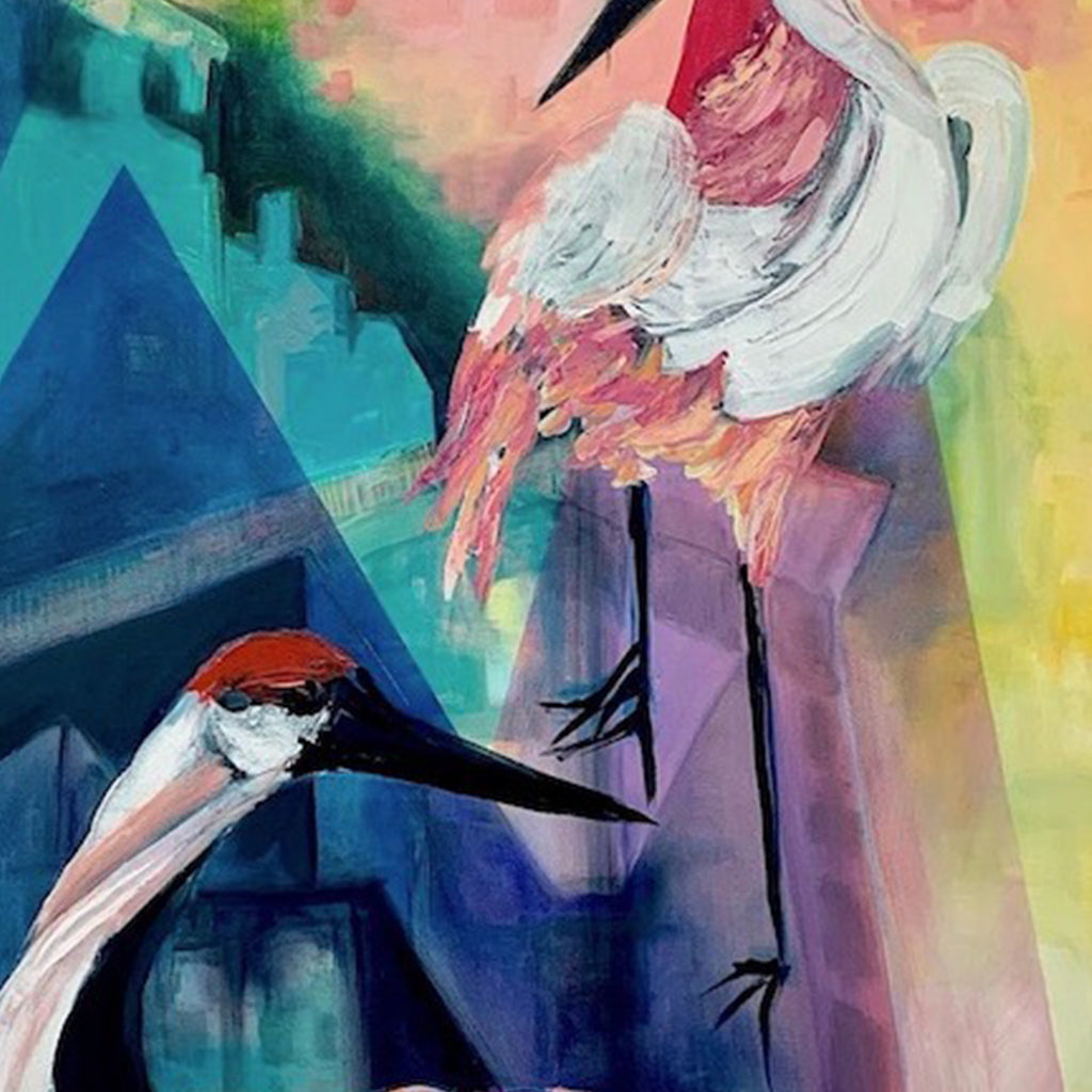 The artwork 'Rainy Day Crane' by Jane Lawrence features two abstract cranes rendered in vibrant oil strokes against a colorful cityscape. The dominant crane displays sweeping white and coral-pink plumage, while a second crane in navy and white emerges from geometric urban shapes. Bold turquoise, purple, and yellow hues create a dynamic modern composition on 48x36 inch canvas. Oil painting by Jane Lawrence.