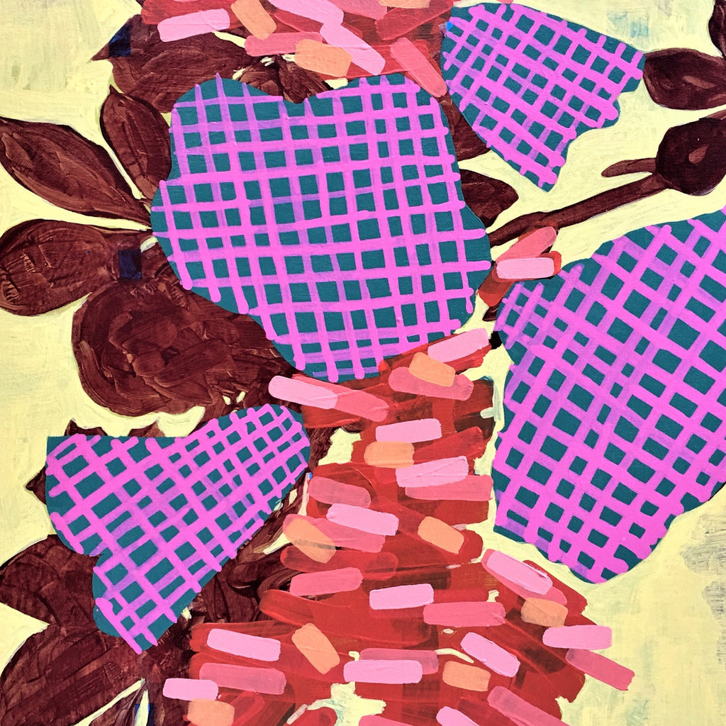 The artwork 'Composition No. 79' by Raul Ortiz features vibrant geometric patterns with turquoise grid designs overlaid on pink backgrounds, surrounded by deep burgundy organic leaf shapes. The composition includes playful scattered pink rectangular forms creating a dynamic rhythm against a soft yellow backdrop. Abstract acrylic painting on 30x30 inch canvas by Raul Ortiz.