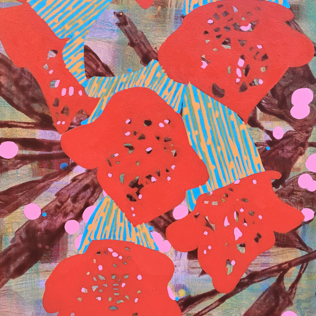 The artwork 'Composition No. 80' by Raul Ortiz features vibrant coral-red abstract floral shapes layered over diagonal turquoise striped patterns. Bold burgundy stems and pink circular accents create dynamic movement across the canvas. The acrylic painting showcases a contemporary botanical style with textured elements and perforated details in the flower-like forms.