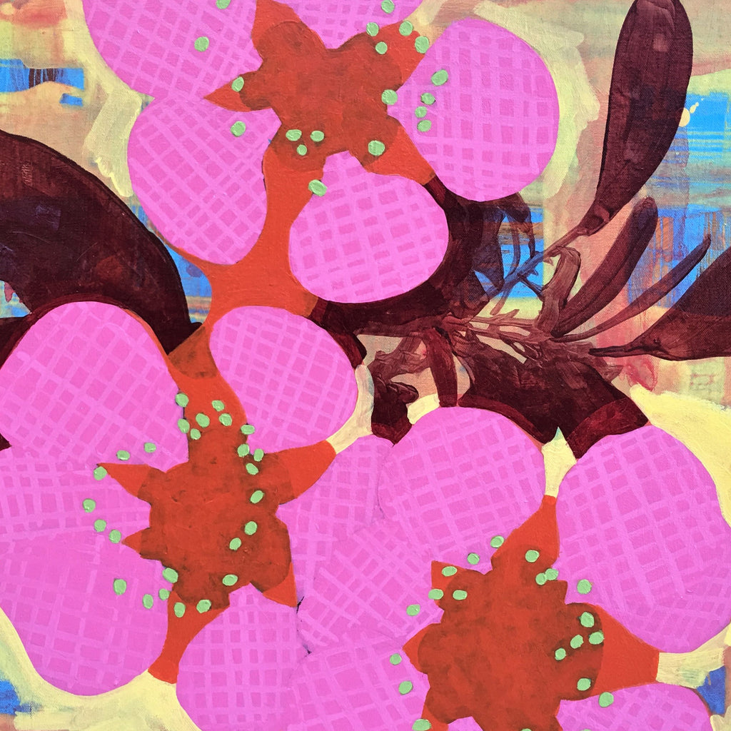 The artwork 'Composition No. 81' by Raul Ortiz features vibrant pink textured flowers with crosshatch patterns against a rusty orange background. Abstract burgundy floral elements and mint green dots accent the composition. The 30x30 acrylic painting on canvas combines contemporary abstract style with bold botanical motifs, creating a dynamic modern aesthetic by Raul Ortiz.