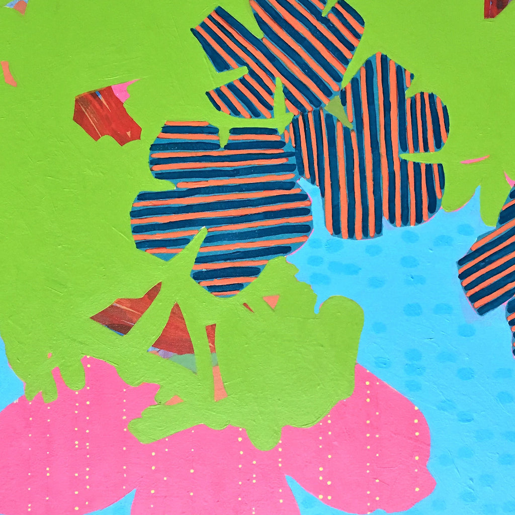 The artwork 'Composition No. 82' by Raul Ortiz features vibrant abstract forms against a bright turquoise background. Striped navy and orange cloud-like shapes float above a bold lime green mass, while pink geometric petals anchor the bottom of the composition. This 30x30 inch acrylic painting combines playful organic shapes with structured patterns.