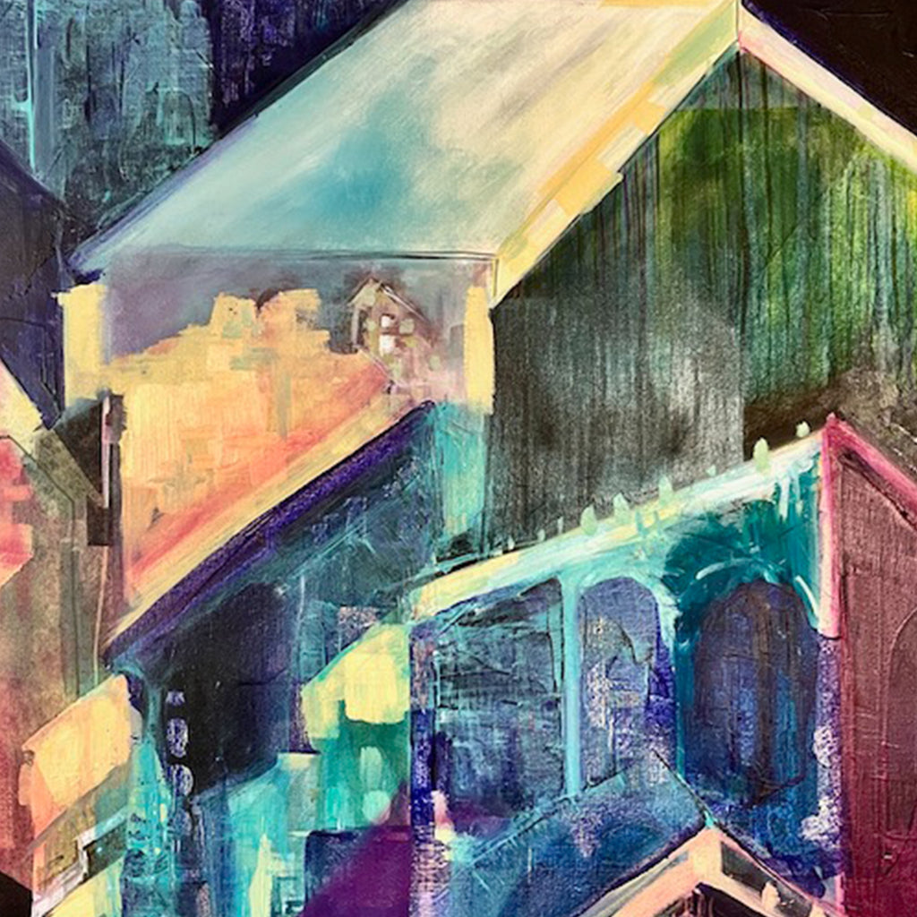 The artwork 'Remote' by Jane Lawrence depicts an abstract architectural composition featuring geometric house shapes in vibrant turquoise, purple, and yellow hues. Oil on canvas painting showcases angular rooflines and arched doorways, creating a dreamlike urban landscape with dynamic brushstrokes and dramatic color transitions, measuring 30x30 inches. by Jane Lawrence