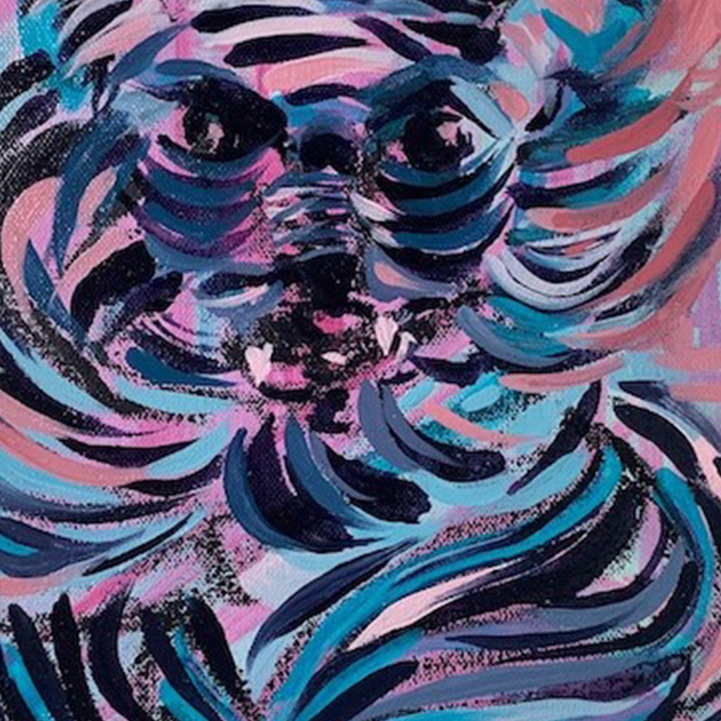 The artwork 'Repose' features swirling brushstrokes in vibrant turquoise, navy blue, and rose pink creating an abstract spiral pattern. Bold, expressive strokes form a dynamic composition with organic curved shapes against a pink background. The oil painting demonstrates energetic movement through contrasting cool and warm tones. By Jane Lawrence.