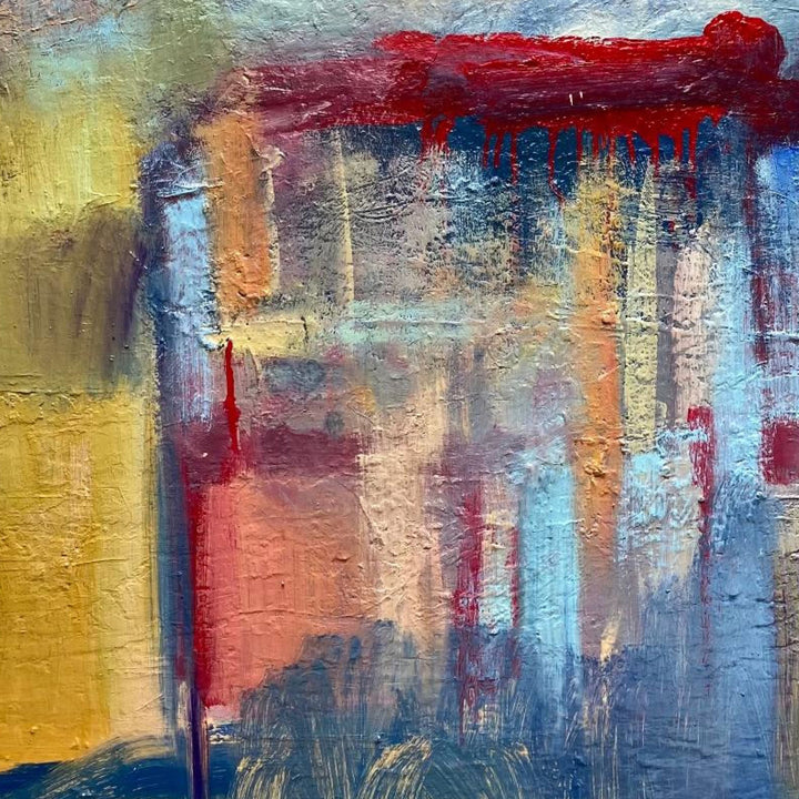 The artwork 'Seaside' by Kevin McGoff features bold vertical brushstrokes in vibrant blues, yellows, and coral tones. Abstract expressionist composition with textured impasto technique creates a dramatic interplay of warm and cool colors. Dripping red accents add dynamic movement across the canvas's heavily layered surface, evoking coastal sunset reflections.