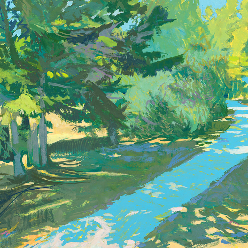 The artwork 'Shady Grove' by Justin Shull depicts a serene woodland scene with a winding blue stream reflecting sunlight. Dense evergreen trees cast dappled shadows along the bank, while vibrant chartreuse and emerald foliage creates a lush canopy. The acrylic gouache technique brings dynamic brushstrokes and luminous color transitions to this peaceful natural landscape.