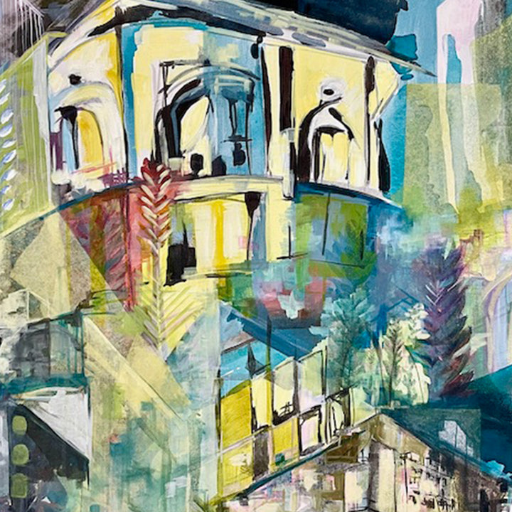 The artwork 'So Long' features an abstract architectural composition with curved balconies and arches in vibrant watercolor-like strokes. Turquoise, yellow, and soft green hues blend organically, creating a dreamlike urban landscape. Palm frond motifs in muted purple add tropical elements against a layered, translucent background. Oil on canvas by Jane Lawrence.