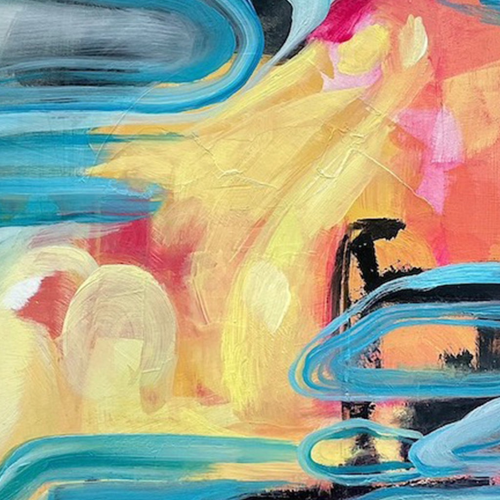 The artwork 'Some of This' by Jane Lawrence features bold, abstract brushstrokes in vibrant turquoise blue swirls contrasting with warm yellow and coral tones. Energetic oil paint application creates dynamic movement across the 10x10 inch panel, with textured layers suggesting an atmospheric, dreamlike composition where cool and warm colors dance together.
