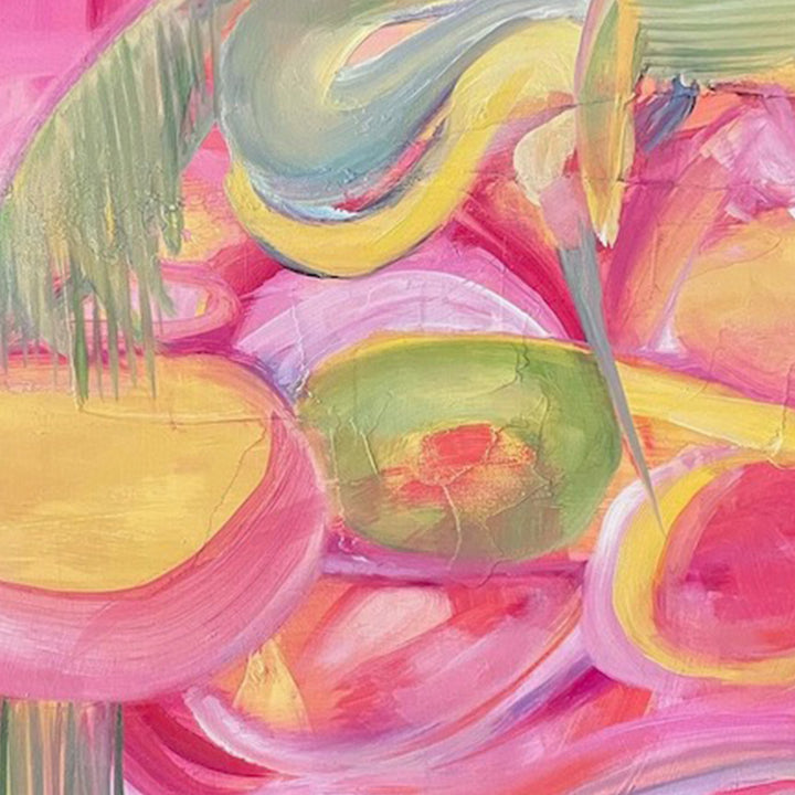 The artwork 'Sometimes Always' by Jane Lawrence features vibrant abstract shapes in pink, yellow, and sage green oil paint on panel. Bold curved brushstrokes create flowing circular forms, with layered textures and dripping effects. The composition shows dynamic movement through sweeping gestural marks and harmonious color interplay, measuring 10x10 inches.