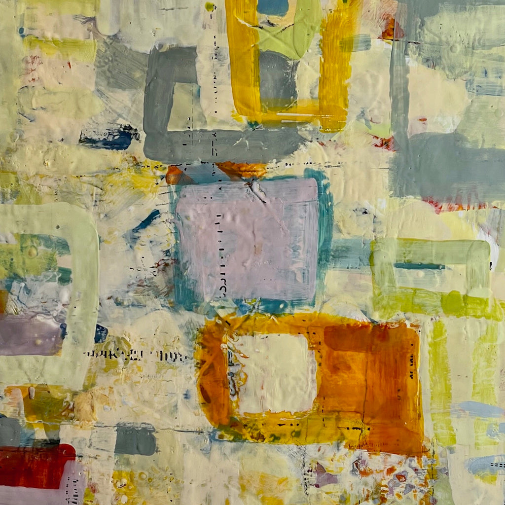 The artwork 'Spring' by Lisa Pressman features an abstract composition of geometric shapes in soft pastels and vibrant hues. The encaustic painting on wood panel showcases layered squares and rectangles in yellow, blue, pink, and orange, with textural elements created through the wax medium. The 36x48 inch piece displays a harmonious interplay of muted and bold colors against a creamy white background, embodying a contemporary abstract expression