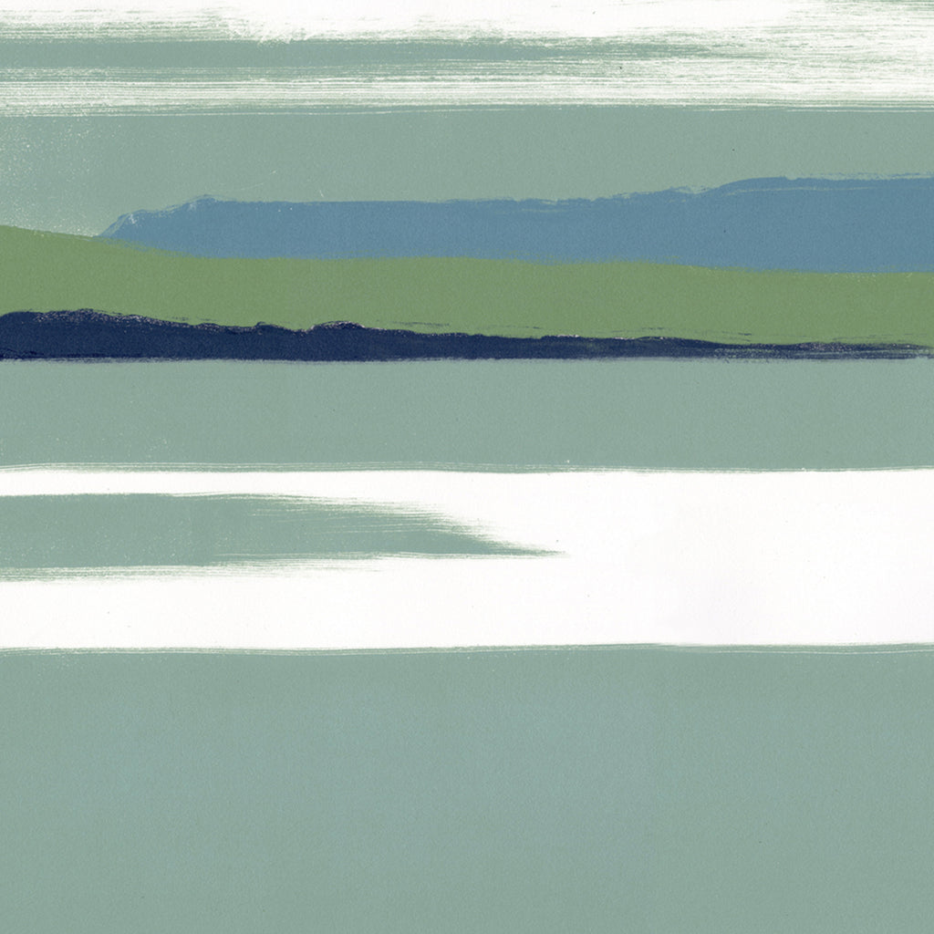 The artwork 'Superior III' by Rachel Burgess features horizontal bands of muted sage green, navy blue, and seafoam tones in a minimalist landscape composition. The monoprint captures serene layers reminiscent of a misty shoreline, with white negative space creating atmospheric depth. The brushstrokes have a soft, painterly quality characteristic of the monoprint technique on paper by Rachel Burgess.