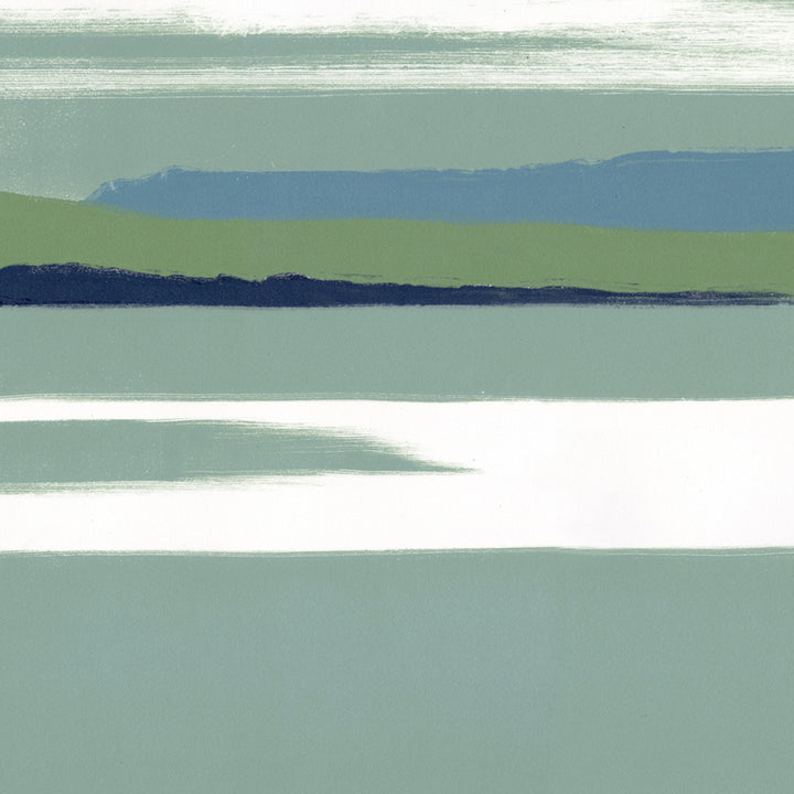 The artwork 'Superior III' by Rachel Burgess features horizontal bands of muted sage green, navy blue, and seafoam tones in a minimalist landscape composition. The monoprint captures serene layers reminiscent of a misty shoreline, with white negative space creating atmospheric depth. The brushstrokes have a soft, painterly quality characteristic of the monoprint technique on paper by Rachel Burgess.